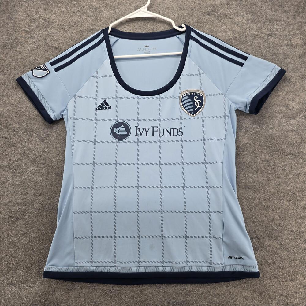 Sporting Kansas City Jersey Womens Large Light Blue MLS Soccer Adidas Climacool